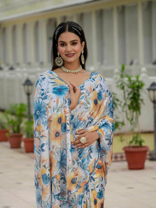 Heavy Chinon Silk With Digital Print And Cutwork Border With Embroidery