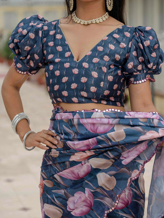 Heavy Chinon Silk With Digital Print And Cutwork Border With Embroidery