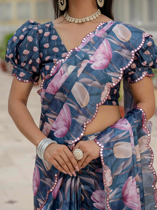 Heavy Chinon Silk With Digital Print And Cutwork Border With Embroidery