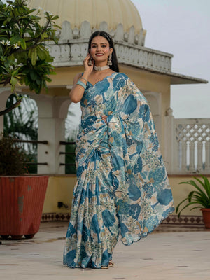 Heavy Chinon Silk With Digital Print And Cutwork Border With Embroidery