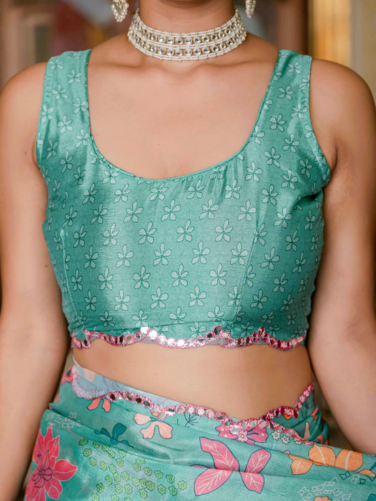 Heavy Chinon Silk With Digital Print And Cutwork Border With Embroidery