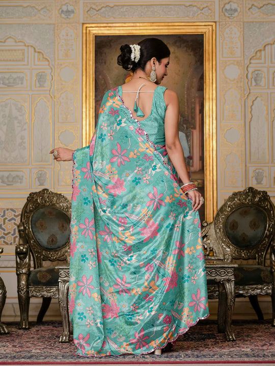 Heavy Chinon Silk With Digital Print And Cutwork Border With Embroidery
