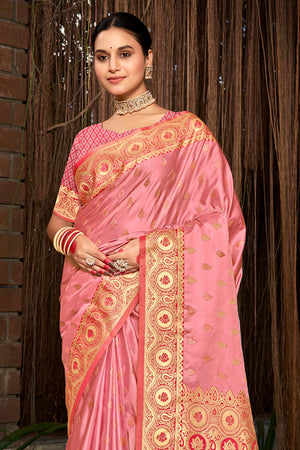 Pink Stain Silk Saree With Blouse Piece