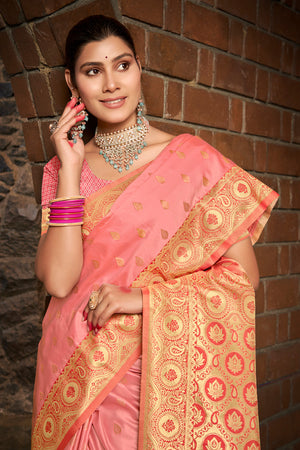 Peach Stain Silk Saree With Blouse Piece