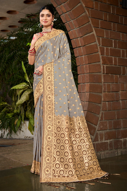 Grey Stain Silk Saree With Blouse Piece