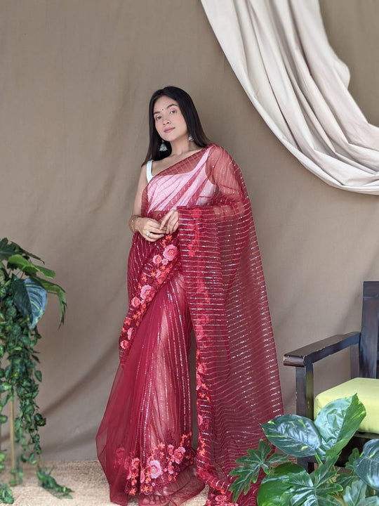 Red Net Saree With Blouse Piece