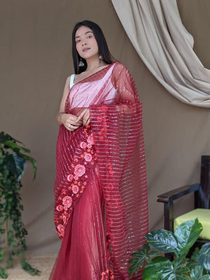 Red Net Saree With Blouse Piece