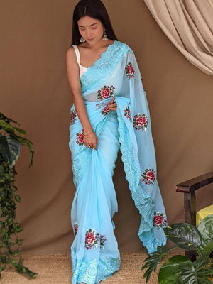 Sky Blue Georgette silk Saree With Blouse Piece