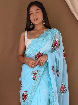 Sky Blue Georgette silk Saree With Blouse Piece