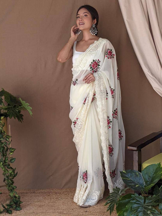 Off White Georgette silk Saree With Blouse Piece