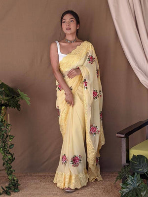 Yellow Georgette silk Saree With Blouse Piece