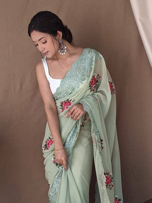 Green Georgette silk Saree With Blouse Piece