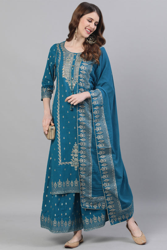Women's Cotton Teal Kurta Sharara Dupatta Set