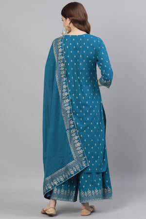 Women's Cotton Teal Kurta Sharara Dupatta Set