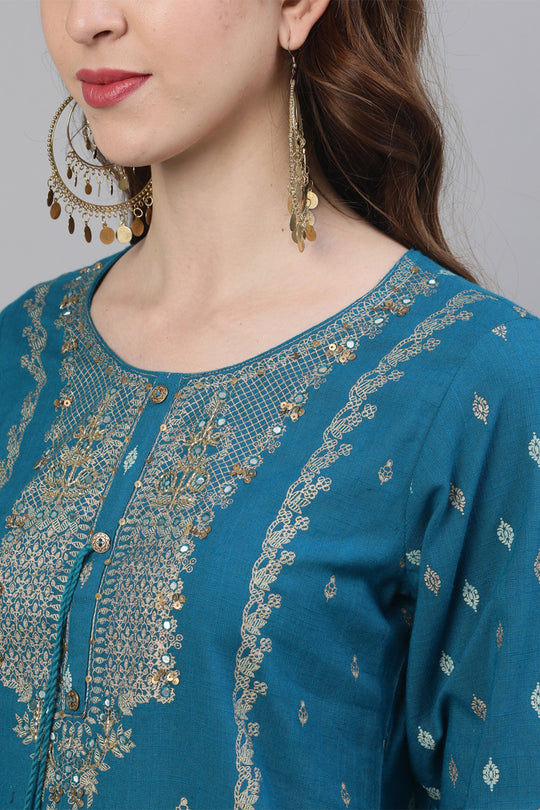 Women's Cotton Teal Kurta Sharara Dupatta Set