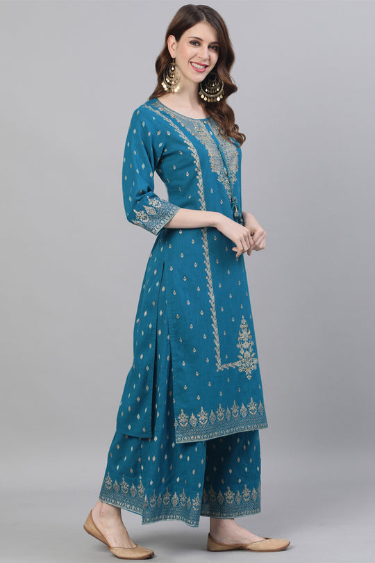 Women's Cotton Teal Kurta Sharara Dupatta Set