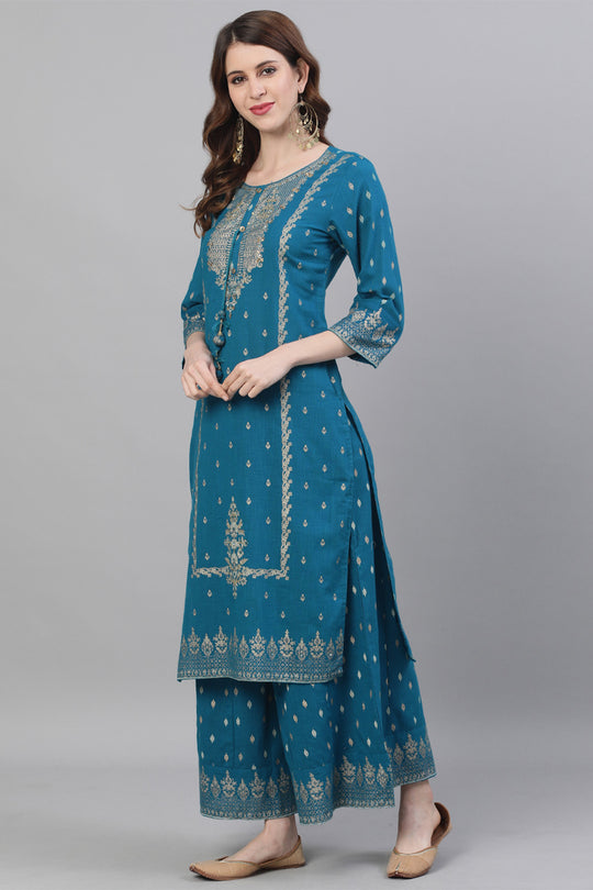 Women's Cotton Teal Kurta Sharara Dupatta Set