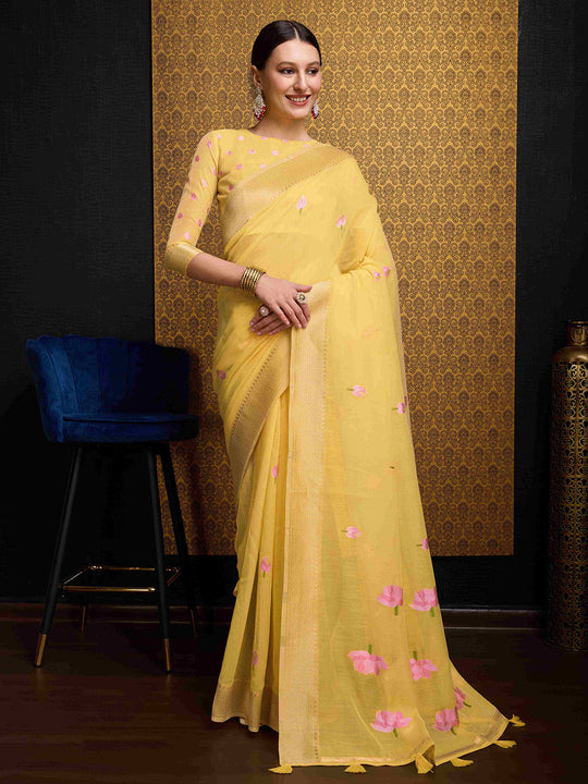 Yellow Linen Festive Wear Saree With Blouse Piece