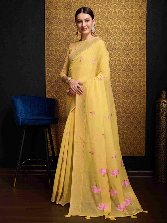 Yellow Linen Festive Wear Saree With Blouse Piece