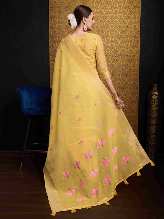 Yellow Linen Festive Wear Saree With Blouse Piece