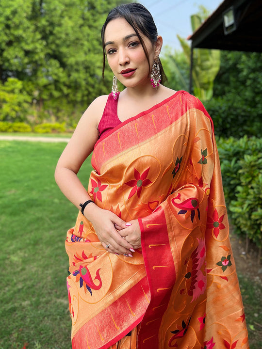 Yellow Paithani Silk Saree With Blouse Piece