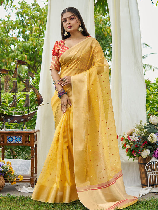 Yellow Simmer Silk Saree With Blouse Piece