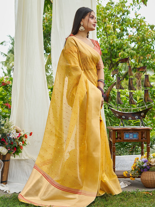 Yellow Simmer Silk Saree With Blouse Piece