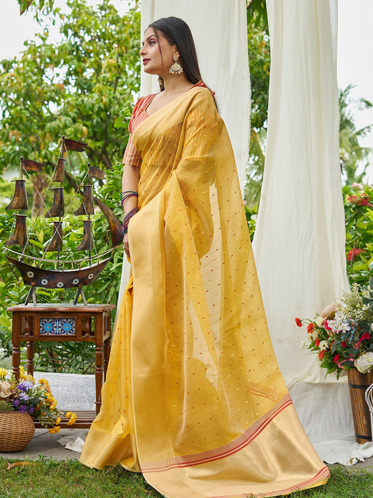 Yellow Simmer Silk Saree With Blouse Piece