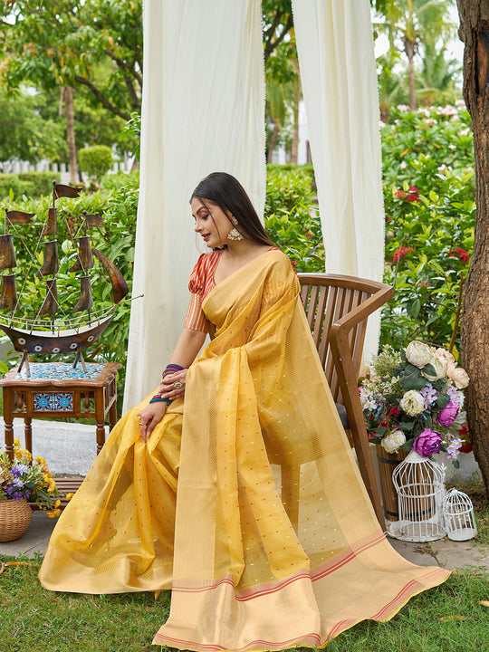Yellow Simmer Silk Saree With Blouse Piece