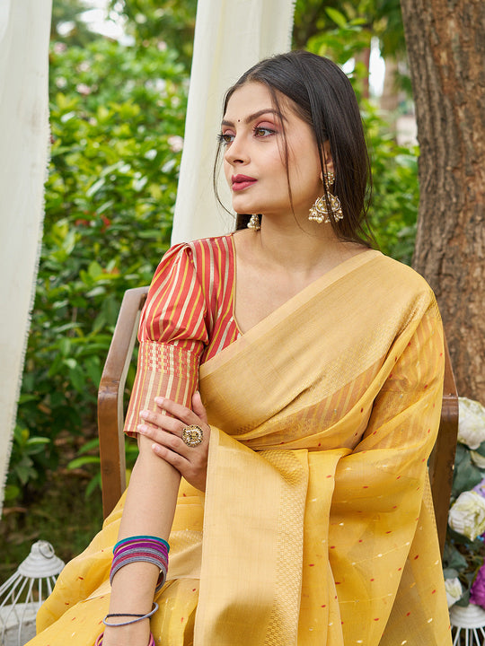 Yellow Simmer Silk Saree With Blouse Piece