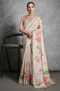 Cream Tussar Silk Blend Saree With Blouse Piece