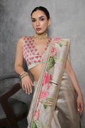 Cream Tussar Silk Blend Saree With Blouse Piece
