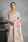 Cream Tussar Silk Blend Saree With Blouse Piece