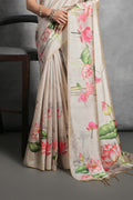 Cream Tussar Silk Blend Saree With Blouse Piece