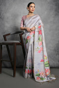 Grey Tussar Silk Blend Saree With Blouse Piece