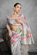 Grey Tussar Silk Blend Saree With Blouse Piece