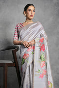 Grey Tussar Silk Blend Saree With Blouse Piece