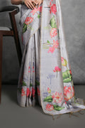 Grey Tussar Silk Blend Saree With Blouse Piece