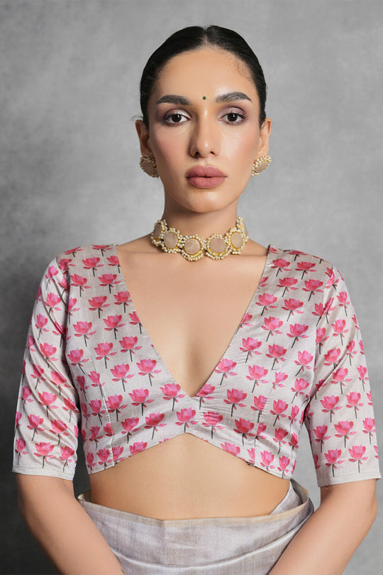 Grey Tussar Silk Blend Saree With Blouse Piece