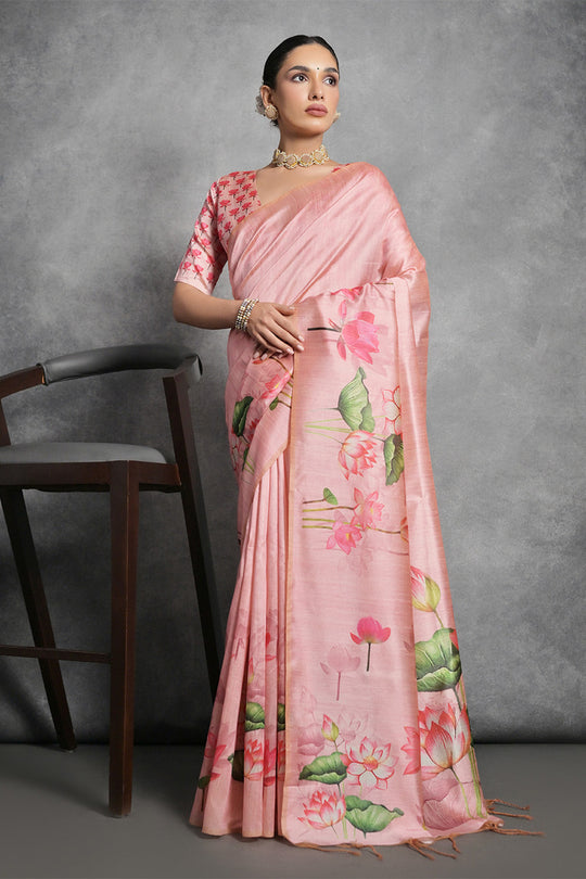 Peach Tussar Silk Blend Saree With Blouse Piece