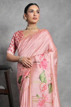 Peach Tussar Silk Blend Saree With Blouse Piece