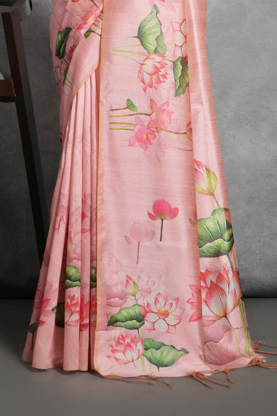 Peach Tussar Silk Blend Saree With Blouse Piece