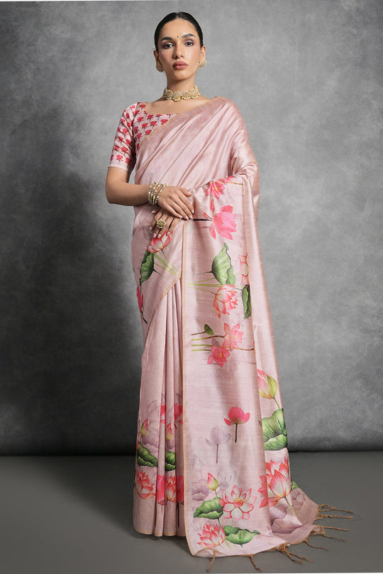 Pink Tussar Silk Blend Saree With Blouse Piece