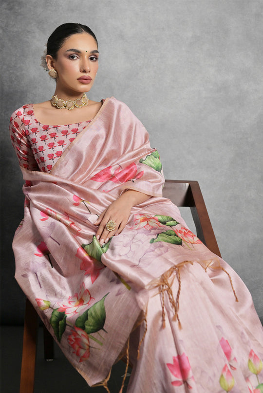 Pink Tussar Silk Blend Saree With Blouse Piece