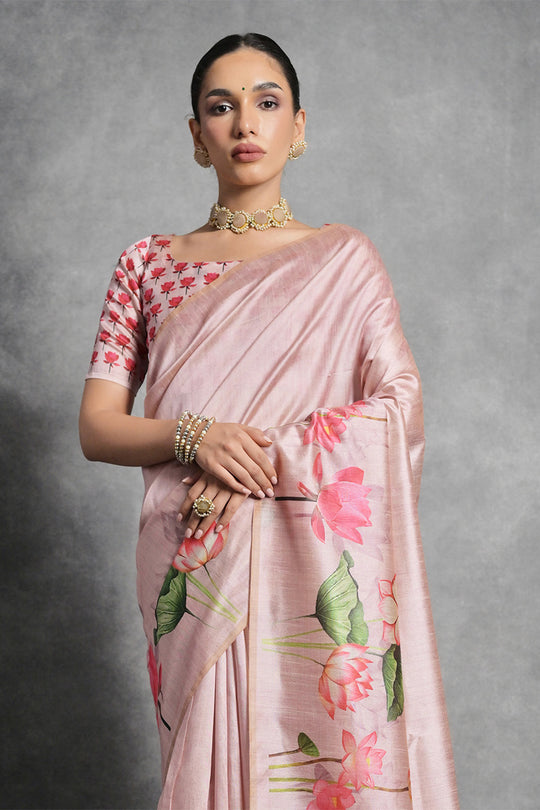 Pink Tussar Silk Blend Saree With Blouse Piece