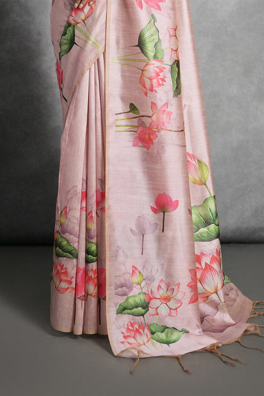 Pink Tussar Silk Blend Saree With Blouse Piece