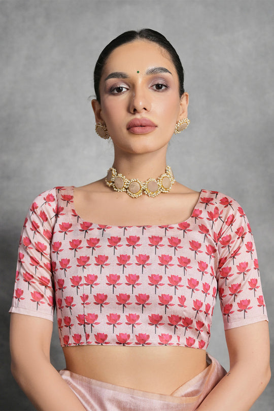 Pink Tussar Silk Blend Saree With Blouse Piece