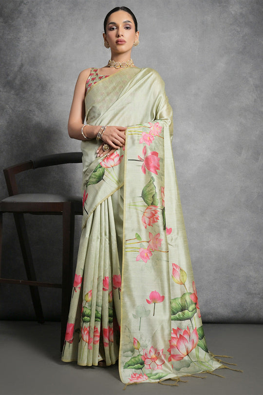 Green Tussar Silk Blend Saree With Blouse Piece