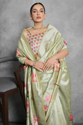Green Tussar Silk Blend Saree With Blouse Piece