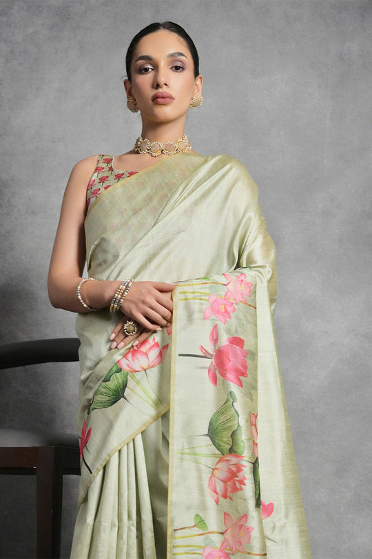 Green Tussar Silk Blend Saree With Blouse Piece